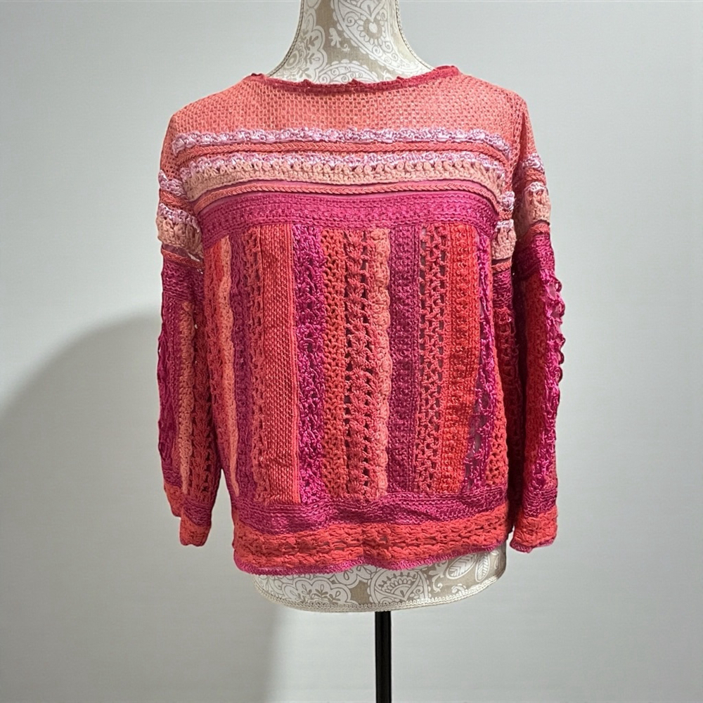 Sandy Starkman Pink Red Textured Knit Boho Sweater Medium Rayon Cotton Crochet